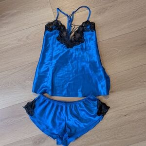 Blue Lace Trim Satin Sleepwear Set